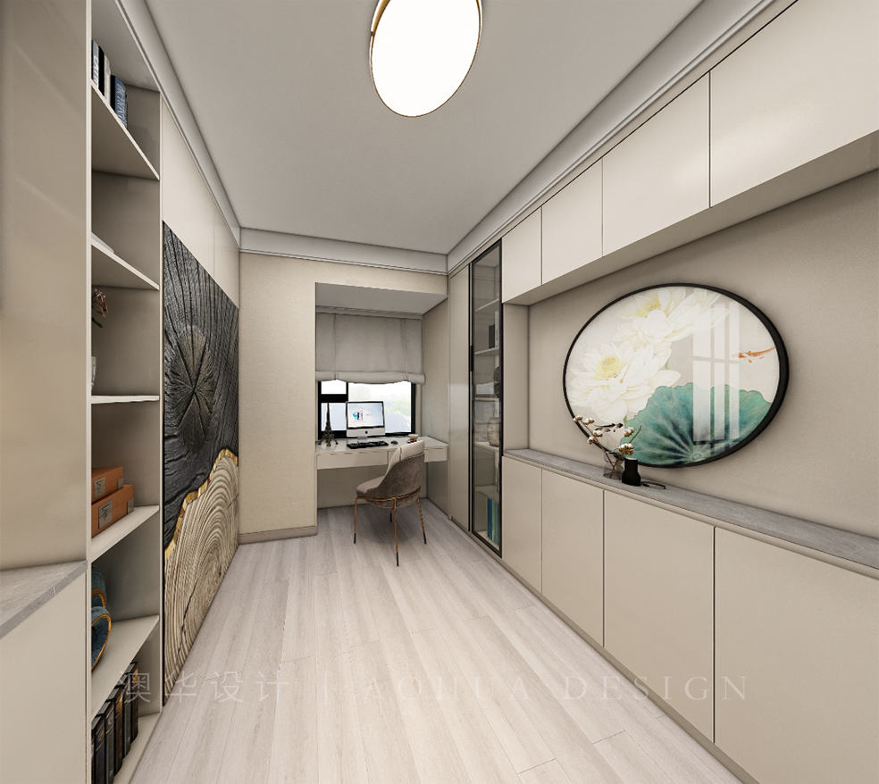 拆除飄窗做定制書桌，并設(shè)置了翻板床，既具備了工作學習空間，也為客人提供了客房。